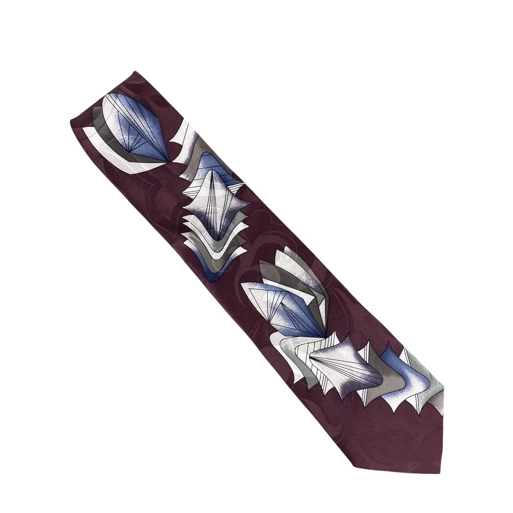 Chez Roffe Mens Tie Burgundy Geometric Silk Retro Abstract Art Deco Artsy 57x4